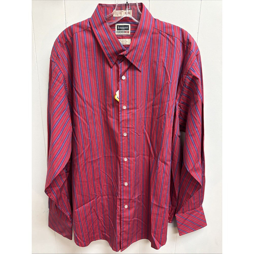 Haggar Mens Long Sleeve Button Down Shirt XL No Iron Cotton Red Blue Stripe